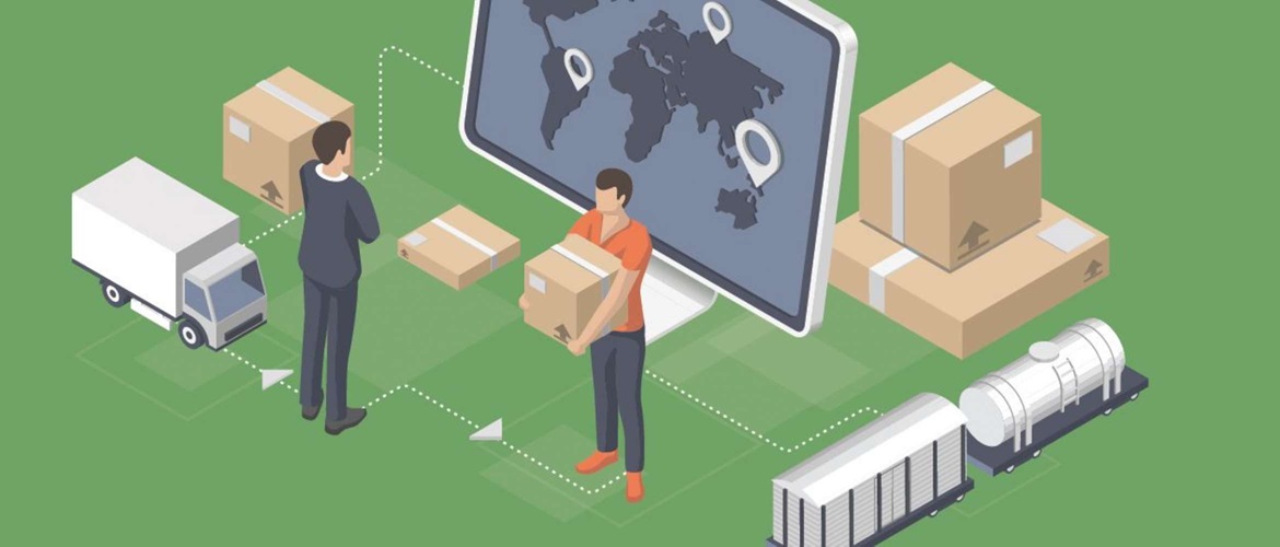 Eine Grafik zeigt eine Einzelhandelsvertriebsszene mit animierten Geschäftsleuten und einem Fabrikmitarbeiter, die Pakete aus einer Lagerproduktionslinie neben einem Lastwagen und einer Weltkarte kontrollieren und befördern. 