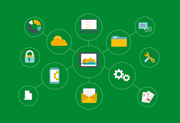 Green background with padlock, cloud, laptop, paper, email, setting icons
