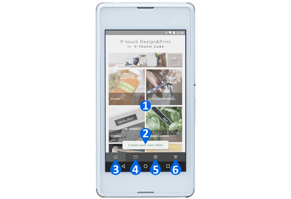 Android smartphone showing P-touch Design&Print app overview main features