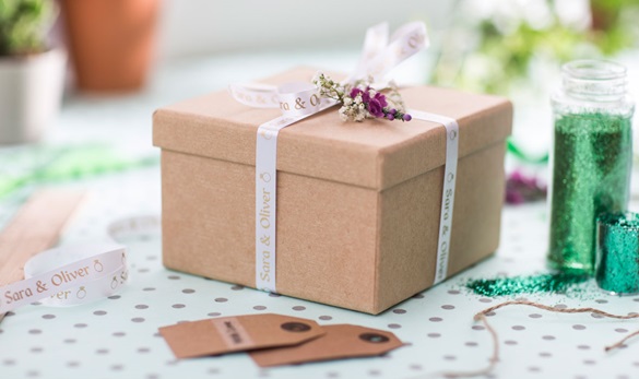 Wedding gift box personalised with a Brother gold on navy blue ribbon