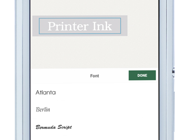 P-touch Design&Print app zoomed in on smartphone, showing label being edited (changing the font)