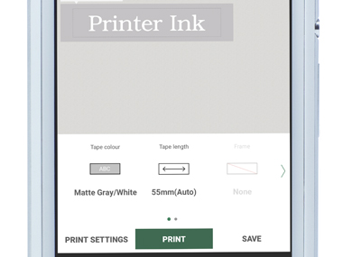 P-touch Design&Print app zoomed in on smartphone, showing label being printed